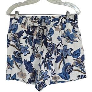 C&C California Sz 8 Blue Beige Floral High Rise Linen Blend Beach Casual Shorts